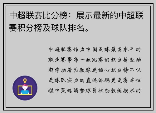 中超联赛比分榜：展示最新的中超联赛积分榜及球队排名。